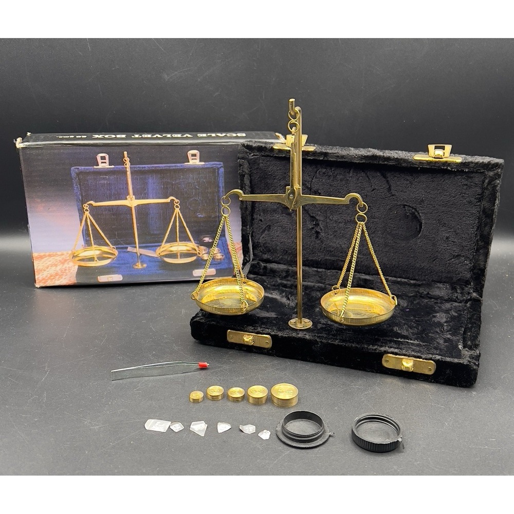 Vintage Black Velvet box with Brass Balance Scales and Weights Travel w/ box‎
